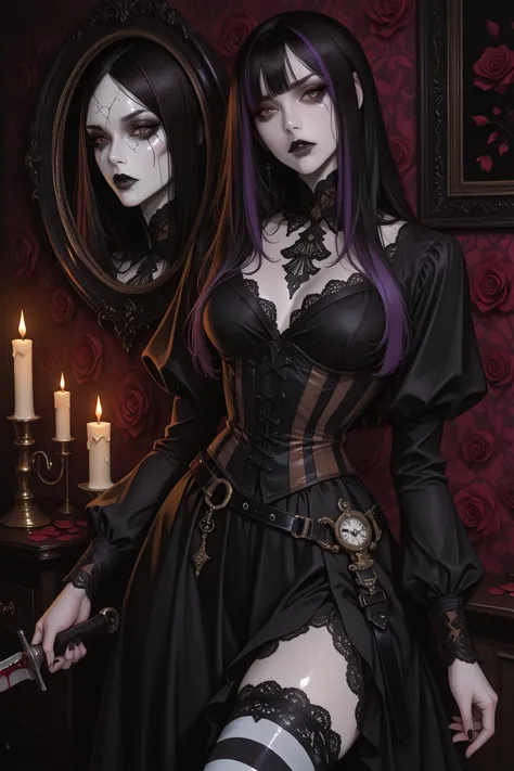 1girl:1.3, pale skin, curvy body, long black hair with purple highlights and white streaks in bangs:1.5, feline brown eyes with ...