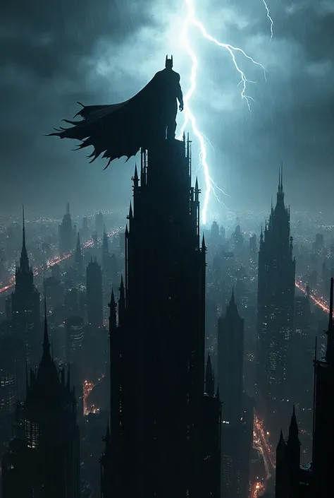 Create an ultra realistic and cinematic pic of Gotham city while a thunderstorm and Batman standing above a tall skyscraper 