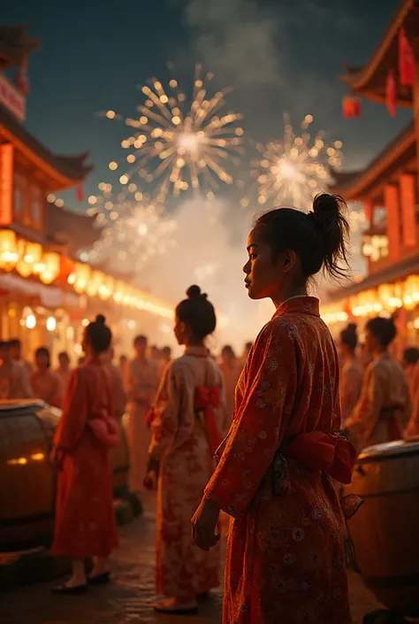 Japanese summer festival, yukata and kimono, taiko drummers, dancers performing under warm lantern light, colorful banners, pape...