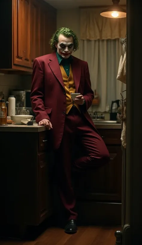 The Joker standing inside a cozy, softly lit kitchen at night, leaning casually against the counter with his legs crossed in an ...