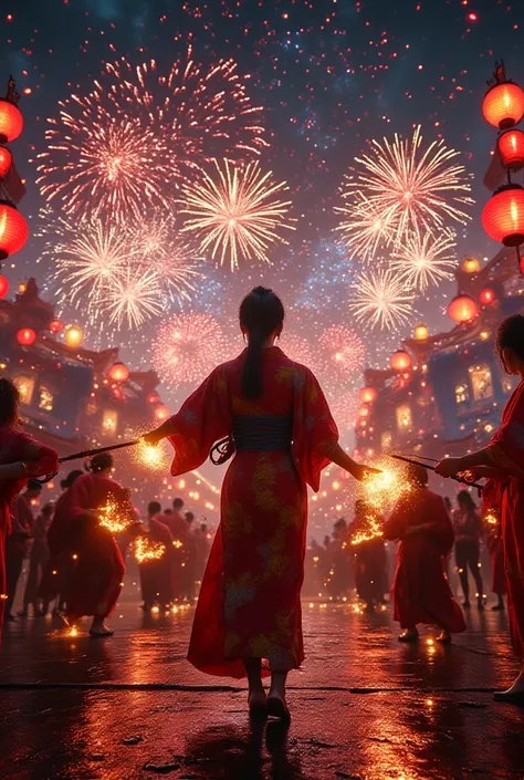 「Festival stage」── Natsu Matsuri at Night。on a stage illuminated by red lanterns and flames、Performers in yukata beat taiko drum...