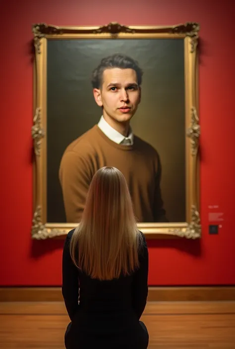 A woman with long light-blond hair sits in an art gallery in front of a large painting on a red wall. The painting shows a reali...