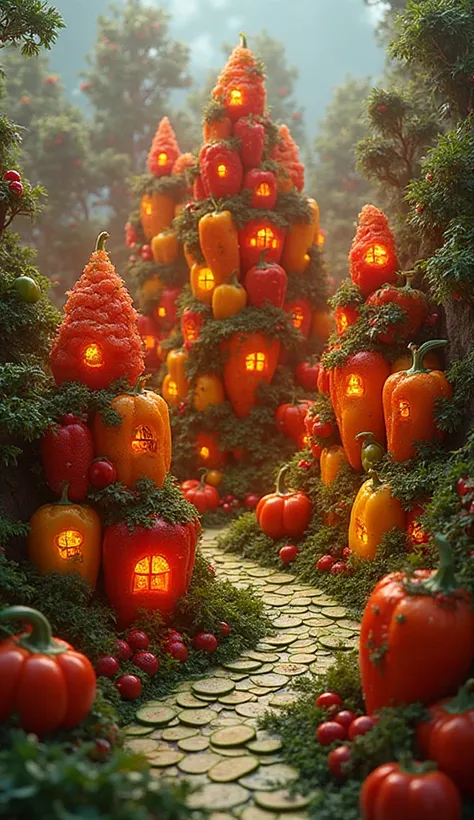 A colorful city made from stacked bell peppers, each one a tiny glowing house. Roads are made of zucchini slices and fruit stall...