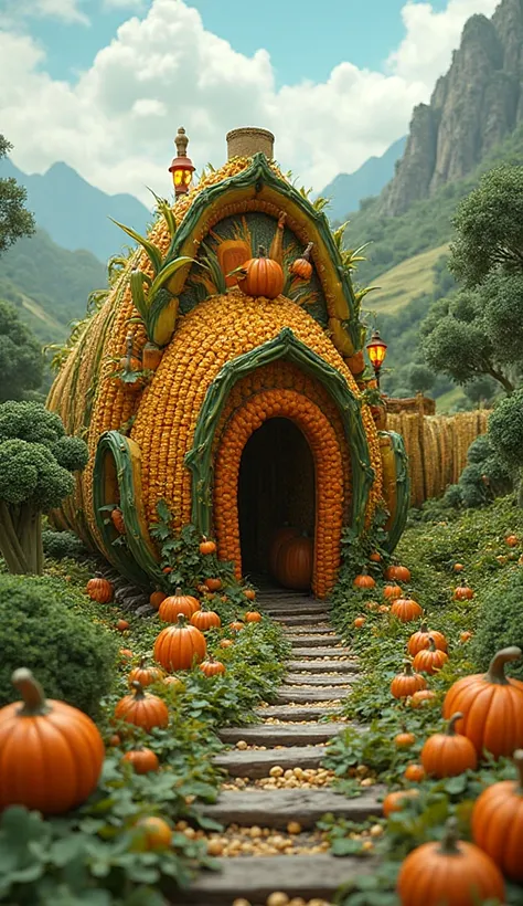 A whimsical countryside train station built from corn cobs, pumpkin lamps, and bean-pod benches. The tracks are cucumber strips,...