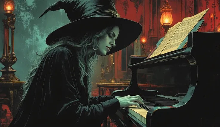 ((the sexy witch playing a piano)), ((Original Illustration Mix Photography)), (best quality), (classic style), detail eyes, det...