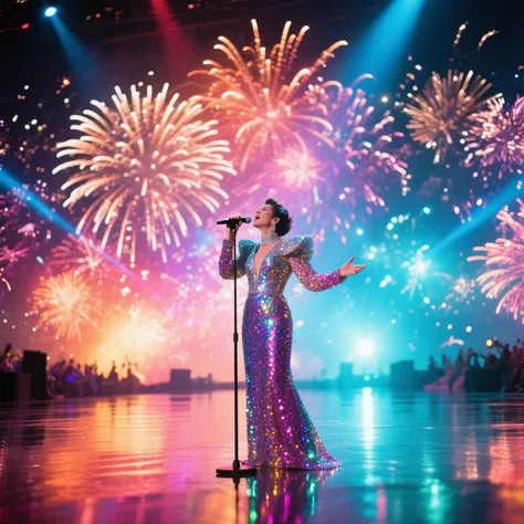 stage, Singer singing on the fantastic fireworks, Dazzling lighting
