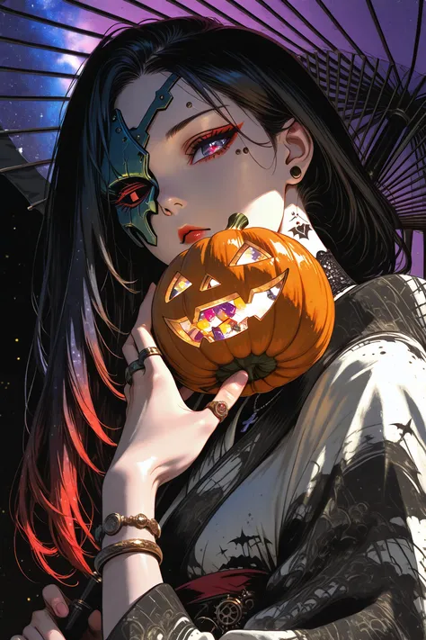 anime girl, Pure white glossy skin, oil painting, half mask, kimono costume, steampunk, cyberpunk, gradation black colored hair,...