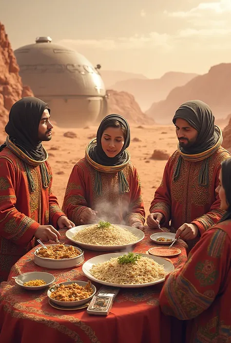 draw Tajiks who flew to Mars and dress them in Tajikistan's national clothes, who eat pilaf