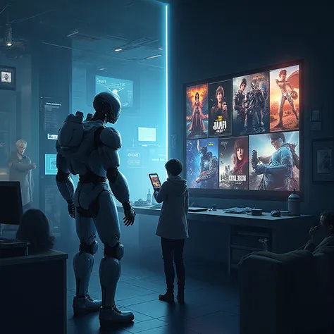 A realistic digital illustration showing a split scene: one half showing a futuristic AI robot interacting with a human, and the...