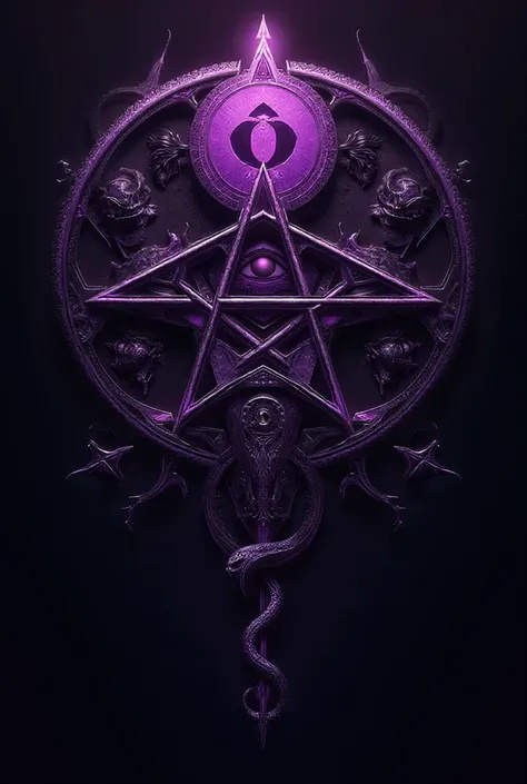 clan symbol like a pentagram then with the number zero, eye and snake. in purple and black
