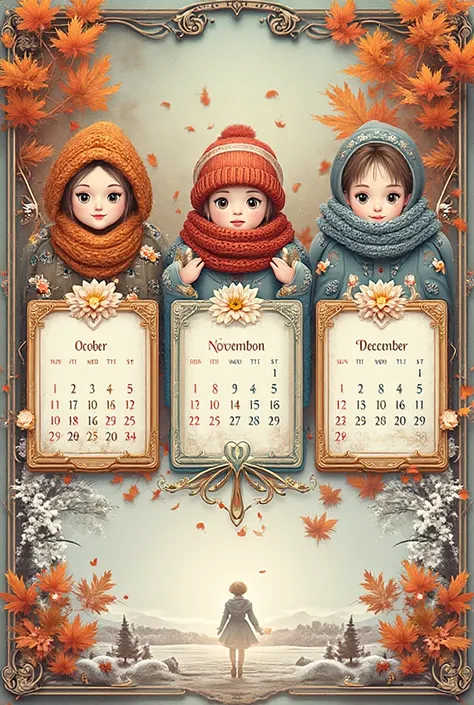 Create an image of three calendars: one for the month of October, another for the month of November and the other for the month ...