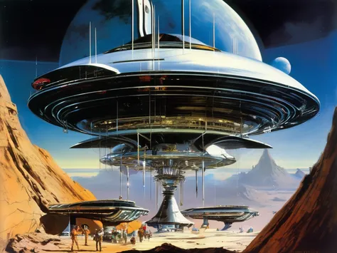 Sleek, elegant architecture on the moon, fantasy painting in the style of John Berkey, 1970s sci-fi book cover., Photo realistic...