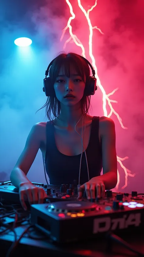 A hyper-realistic, dynamic photo shows a Korean female DJ, absorbed in mixing music at the booth. She wears large headphones and...