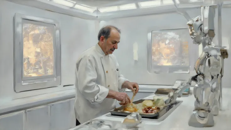 A sterile lab flooded with white light; AI interfaces reflecting infinite politeness; Kobayashi cooking onions by hand in defian...