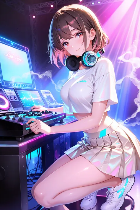 (masterpiece, best quality, cinematic lighting), Touka (original character), female DJ on stage, adjusting mixer knobs, soft lig...