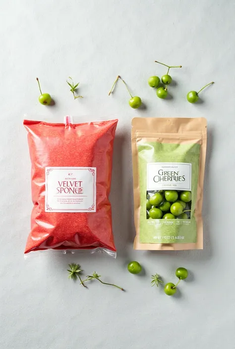 Product flatlay photography. A bag of "Red Velvet Sponge" mix and a bag of "Green Cherries" are arranged neatly on a light grey ...