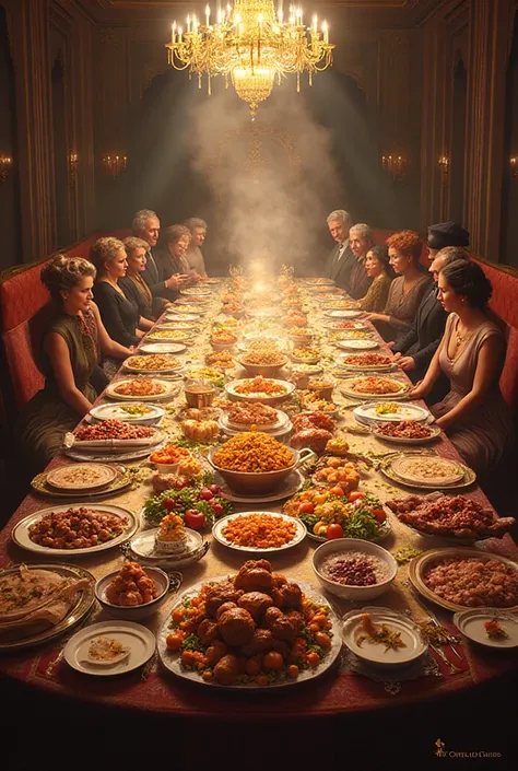 The dining table is full of food.