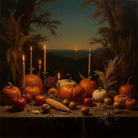 A festive harvest table filled with pumpkins, apples, and corn under a twilight autumn sky. Warm candlelight illuminates the bou...