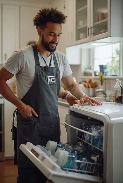 The picture of Jordan Ramsey is with the Biko dishwasher and is comfortable using it. He looks at the picture and wears the kit...