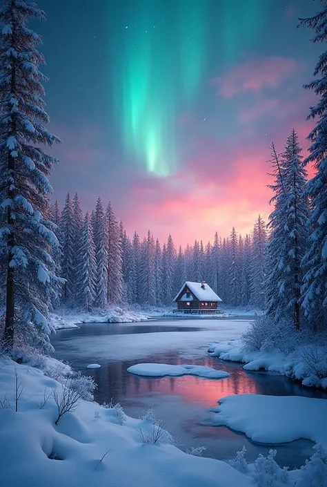 Beautiful winter snowy landscape, The trees are covered like powdered sugar. A lake that is too frozen,with forest hut ,Forest a...