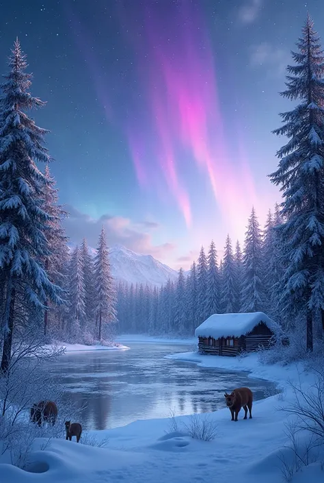 Beautiful winter snowy landscape, The trees are covered like powdered sugar. A lake that is too frozen,With beautiful forest hut...