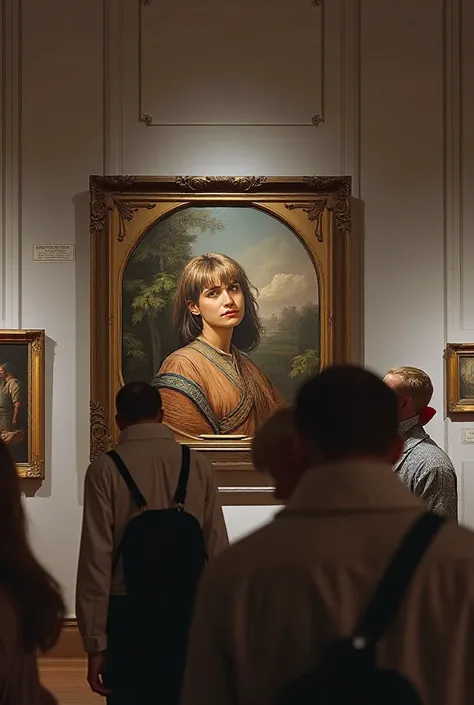 Generate a photo of me standing in the gallery looking at the picture, which shows my portrait in a realistic style, oil paintin...