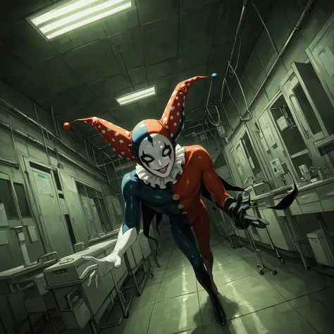 harlequin man, crazy environment, perspective perspective, crazy look , cut corners of the lips, location abandoned surgery room