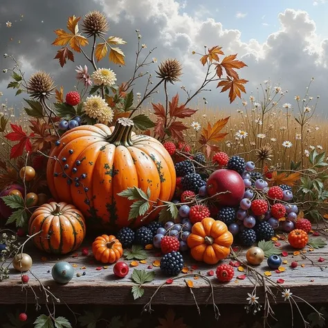 A picturesque autumnal still life features an array of vibrant fruits and vegetables arranged artfully on a rustic wooden table....