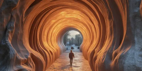 mix of cool and warm colors, show a outside of a tunnel (blend (Buckminster Fuller) x (Lee Bontecou) x (H.R. Giger) x (Cristina ...