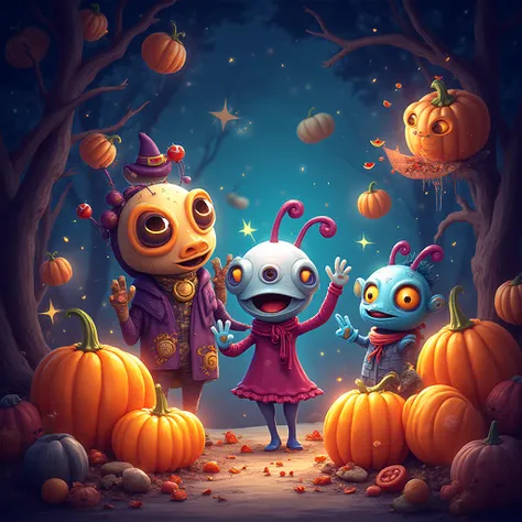 Right Side (Main Illustration, Center-Stage):
Large, original, imaginative alien characters, each with unique features (multipl...