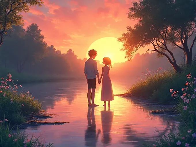 A man and wiman hand to hand stand on the river side by sunset, anime style, vibrant colors, studio ghibli inspired