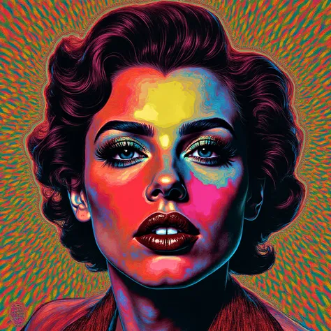pop art composition with a hypnotic optical effect, built on the principle of maximum color saturation, geometric shapes in acid...