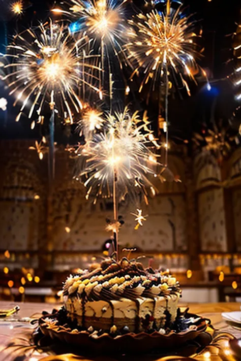 masterpiece、High Fine、high resolution、8K、birthday party venue、（（（lots of fireworks exploding throughout the room）））、（（Golden spa...