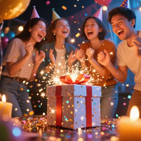 Realistic、birthday surprise、surprise and joy、gift box、sparks scattering