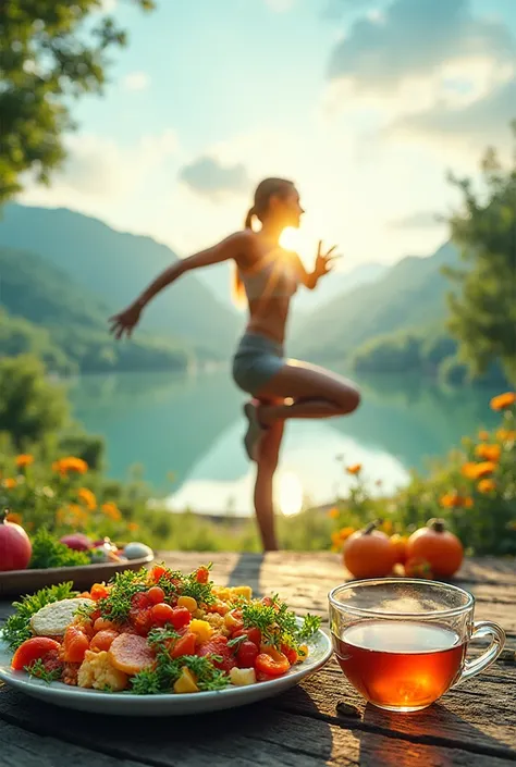 Create an image with a beautiful background, with an image of a healthy food plate, person exercising and a transparent cup with...