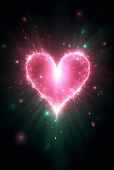 Bright pink heart pulsating in the center of the image, emitting waves of emerald green light energy that expand in the form of ...