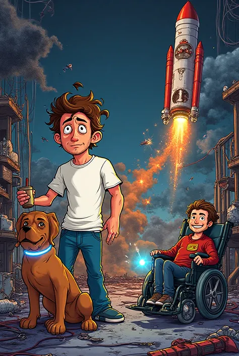 Adult Swim cartoon style, comic book cover art.
A chaotic but brilliant scientist named Rocketman with brown hair, tired eyes, w...