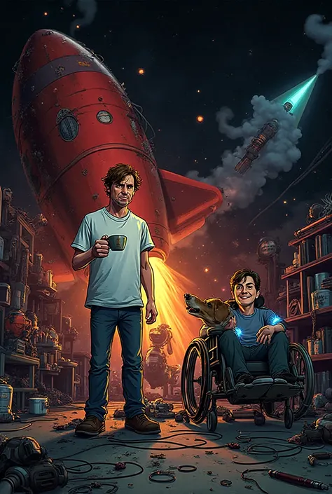 Adult Swim cartoon style, comic book cover art.
A chaotic but brilliant scientist named Rocketman with brown hair, tired eyes, w...