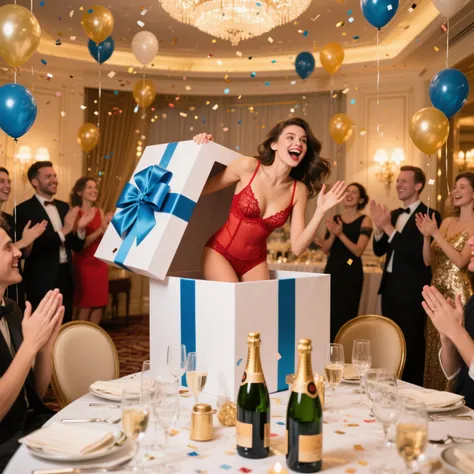 Masterpiece、super high resolution、Surprise appearance in a luxury hotel party room、Huge gift box decorated with large blue ribbo...