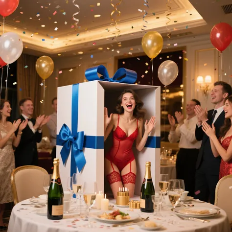 Masterpiece、super high resolution、Surprise appearance in a luxury hotel party room、Huge gift box decorated with large blue ribbo...