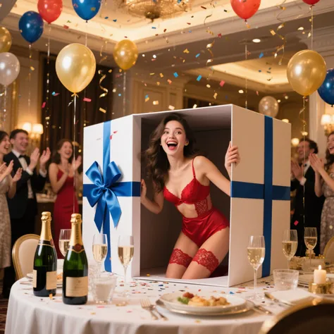 Masterpiece、super high resolution、Surprise appearance in a luxury hotel party room、Huge gift box decorated with large blue ribbo...