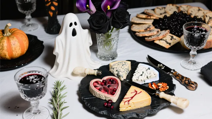Macro shot: , a professionally designed Halloween table snacks at an elite party. The composition focuses on an artfully carved ...