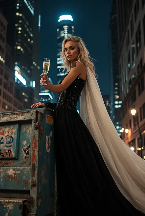 8K fashion photo shoot, a spectacular half-platinum hairstyle, half black, model in a black and white two-tone evening dress: on...