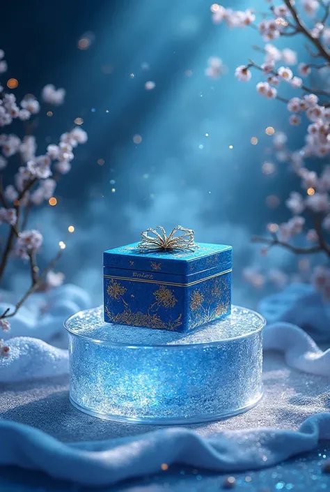 glass domes and crystal objects around the、where shiny cloth and branches are beautifully arranged。A box is displayed on a cylin...