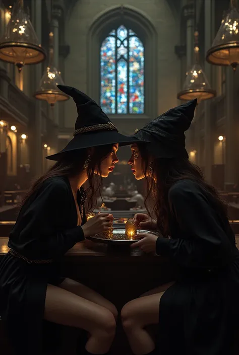 Young witches and wizards in partially unbuttoned uniforms with glowing magical piercings, gathered in a grand stone cafeteria h...