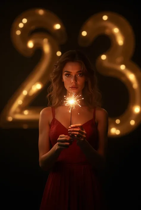  woman holding a sparkler, standing in front of glowing golden “23” on a black background, warm cinematic lighting, soft shadows...