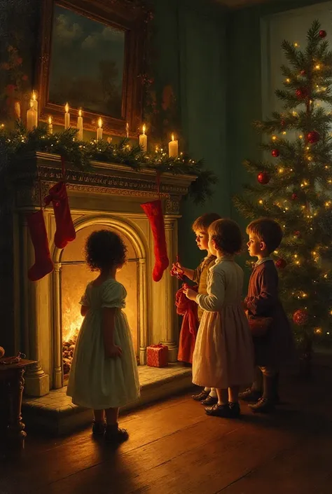 Victorian children gathered by the fireplace on Christmas Eve, hanging stockings and gazing at the flickering firelight. The roo...