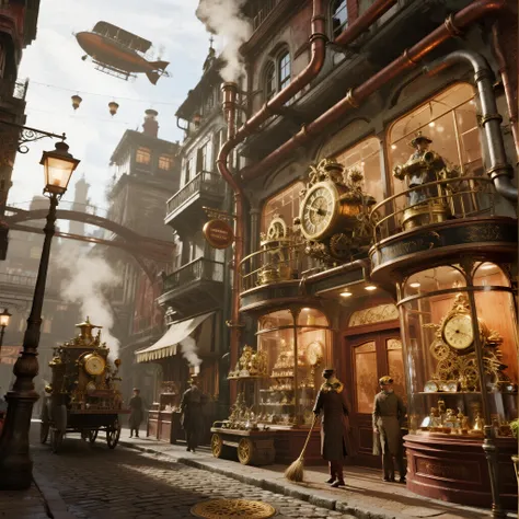 masterpiece, 8K ultra HD, photorealistic, low angle, steampunk marketplace street, narrow Victorian-era shopping arcade, brass-f...