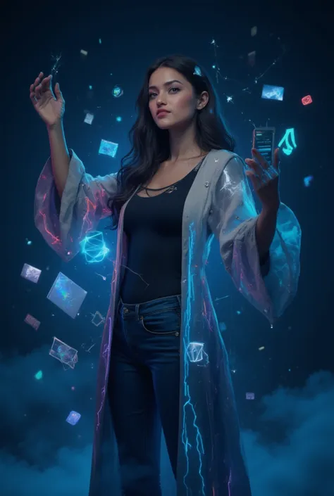A confident female creator portrayed as a modern superhero of creativity, standing against a navy-blue background with a soft gr...
