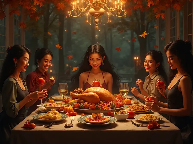 ("Create a warm and festive scene for Thanksgiving Day 2025. A large dining table laden with traditional foods: roasted turkey, ...